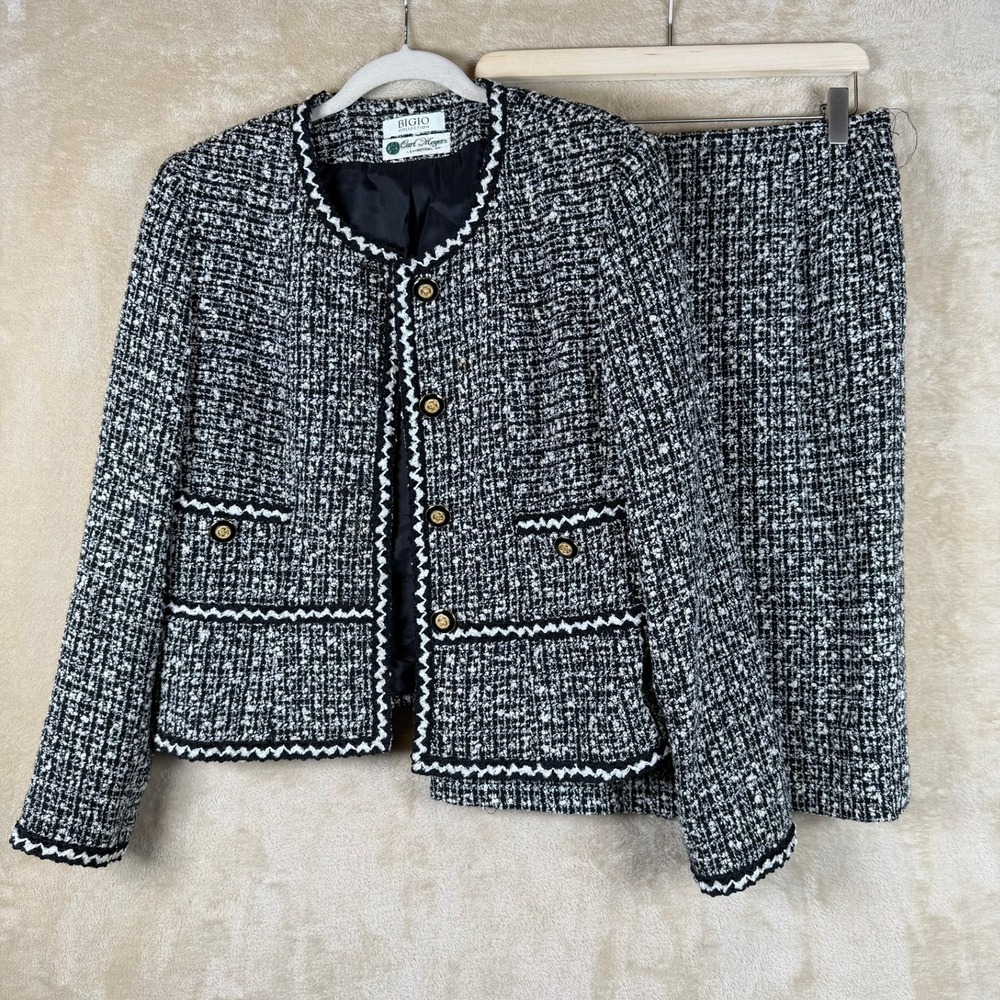 Bigio Collection Carl Meyers Tweed Skirt Suit Black White Ric Rac Wool Blend